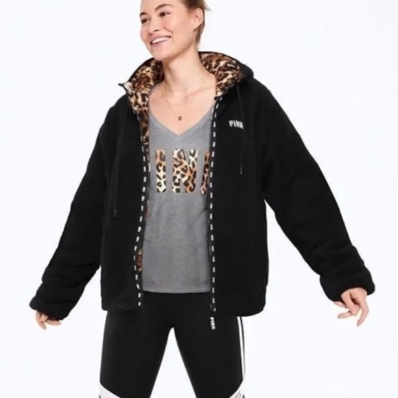 Victoria's Secret Jackets & Blazers - Victoria's Secret Pink Leopard Reversible Sherpa Cozy Fleece Hoodie
Code 5